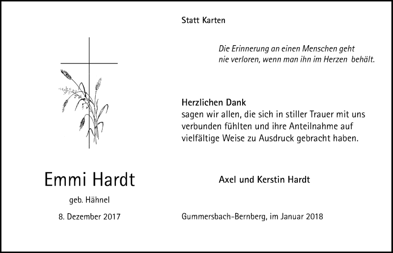  Traueranzeige für Emmi Hardt vom 24.01.2018 aus  Anzeigen Echo 
