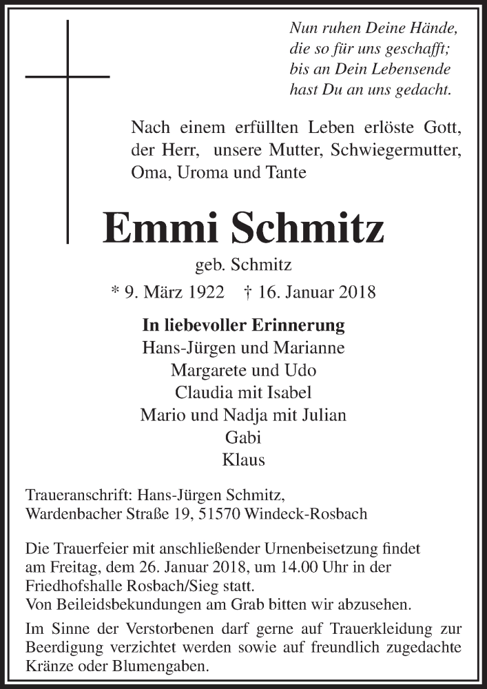  Traueranzeige für Emmi Schmitz vom 24.01.2018 aus  Lokalanzeiger 
