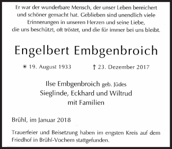 Anzeige von Engelbert Embgenbroich von  Schlossbote/Werbekurier 