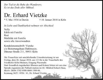 Anzeige von Erhard Vietzke von Kölner Stadt-Anzeiger / Kölnische Rundschau / Express