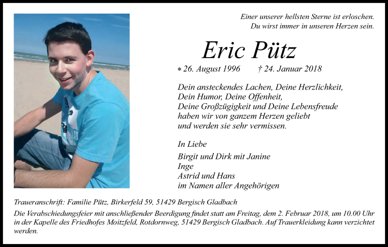  Traueranzeige für Eric Pütz vom 31.01.2018 aus Kölner Stadt-Anzeiger / Kölnische Rundschau / Express