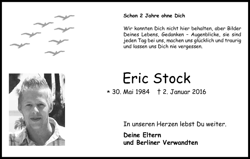  Traueranzeige für Eric Stock vom 02.01.2018 aus Kölner Stadt-Anzeiger / Kölnische Rundschau / Express