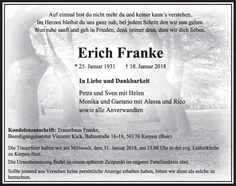  Traueranzeige für Erich Franke vom 27.01.2018 aus  Sonntags-Post 