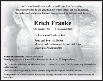 Anzeige von Erich Franke von  Sonntags-Post 