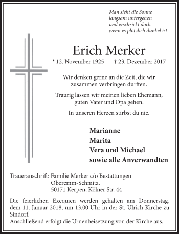Anzeige von Erich Merker von  Sonntags-Post 