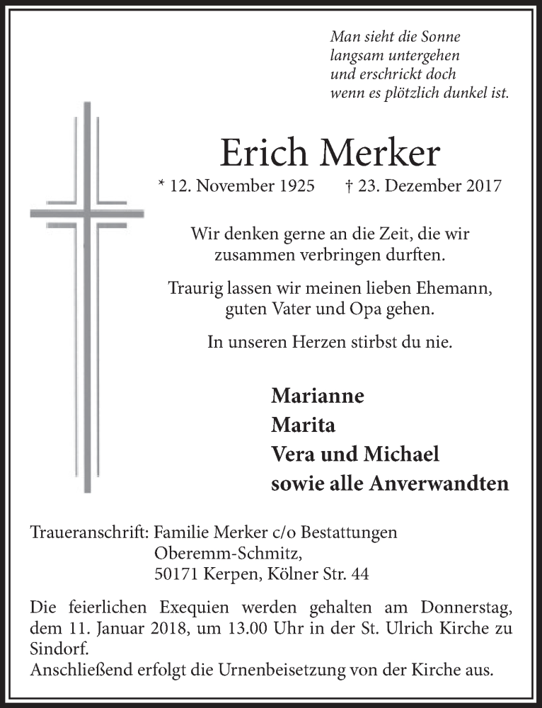  Traueranzeige für Erich Merker vom 06.01.2018 aus  Sonntags-Post 