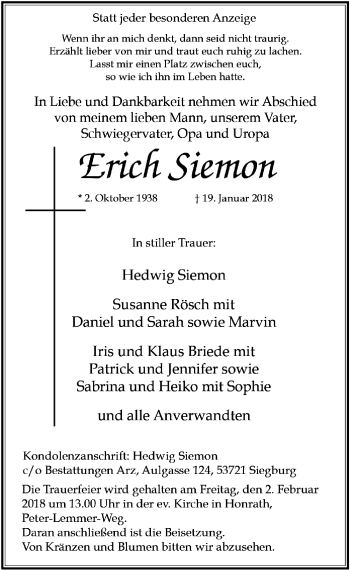 Anzeige von Erich Siemon von  Rhein-Sieg-Wochenende 