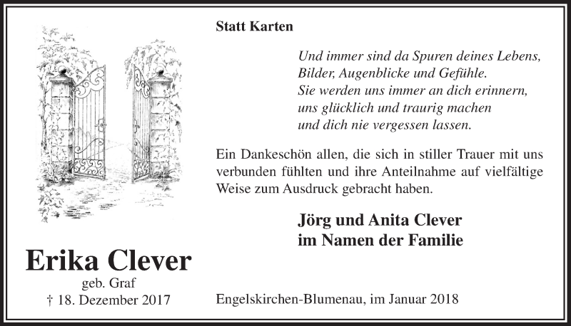  Traueranzeige für Erika Clever vom 17.01.2018 aus  Anzeigen Echo 