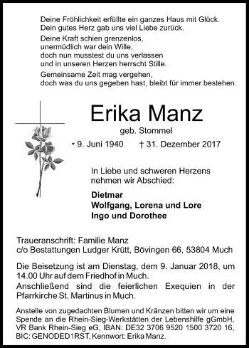 Anzeige von Erika Manz von Kölner Stadt-Anzeiger / Kölnische Rundschau / Express