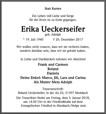 Anzeige von Erika Ueckerseifer von Kölner Stadt-Anzeiger / Kölnische Rundschau / Express
