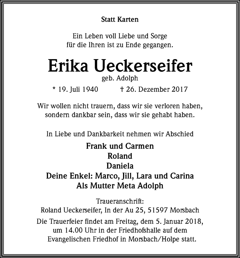  Traueranzeige für Erika Ueckerseifer vom 05.01.2018 aus Kölner Stadt-Anzeiger / Kölnische Rundschau / Express