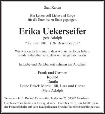 Anzeige von Erika Uekerseifer von  Lokalanzeiger 