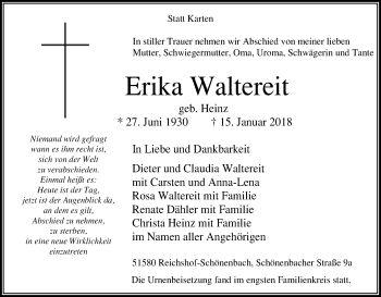 Anzeige von Erika Waltereit von Kölner Stadt-Anzeiger / Kölnische Rundschau / Express