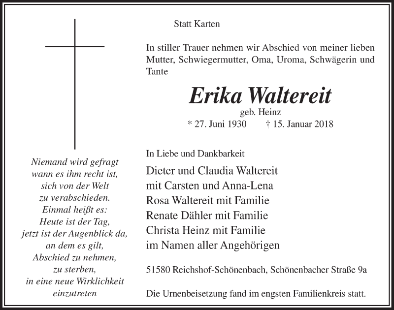  Traueranzeige für Erika Waltereit vom 24.01.2018 aus  Anzeigen Echo 