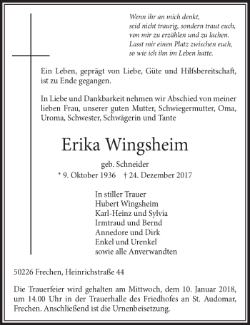 Anzeige von Erika Wingsheim von  Wochenende 