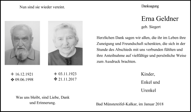  Traueranzeige für Erna Geldner vom 06.01.2018 aus  Blickpunkt Euskirchen 
