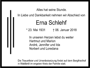 Anzeige von Erna Schlehf von  Lokalanzeiger 
