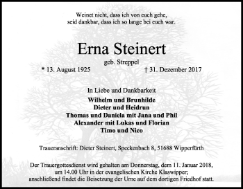 Anzeige von Erna Steinert von Kölner Stadt-Anzeiger / Kölnische Rundschau / Express