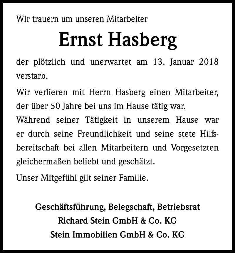  Traueranzeige für Ernst Hasberg vom 20.01.2018 aus Kölner Stadt-Anzeiger / Kölnische Rundschau / Express