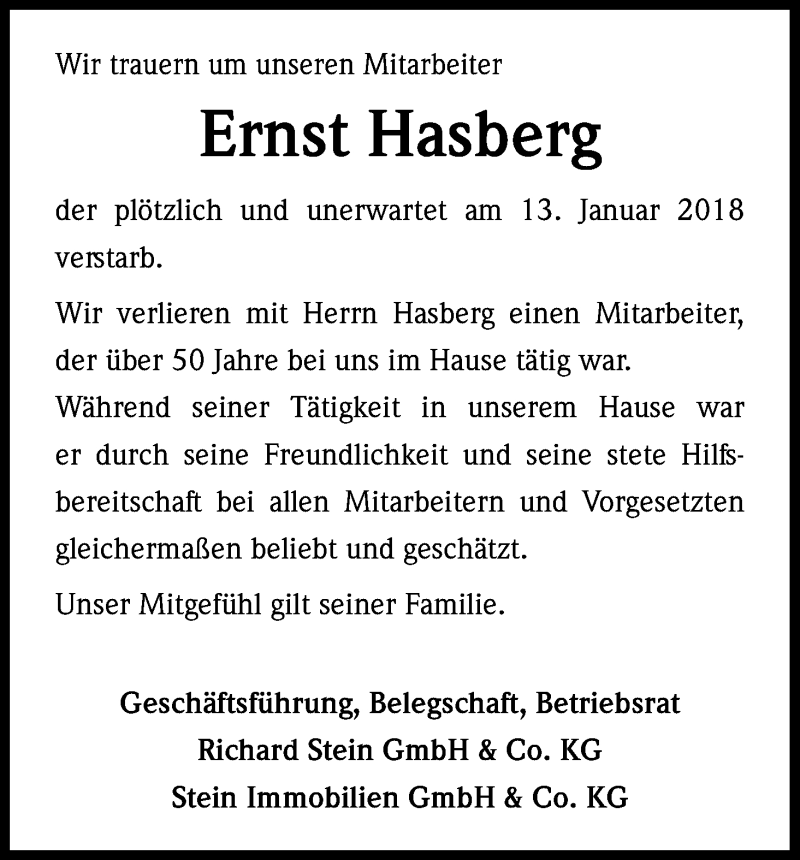  Traueranzeige für Ernst Hasberg vom 17.01.2018 aus Kölner Stadt-Anzeiger / Kölnische Rundschau / Express