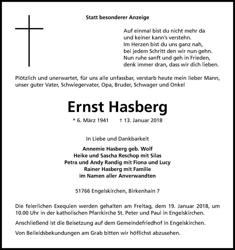  Traueranzeige für Ernst Hasberg vom 16.01.2018 aus Kölner Stadt-Anzeiger / Kölnische Rundschau / Express
