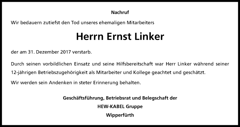  Traueranzeige für Ernst Linker vom 20.01.2018 aus Kölner Stadt-Anzeiger / Kölnische Rundschau / Express