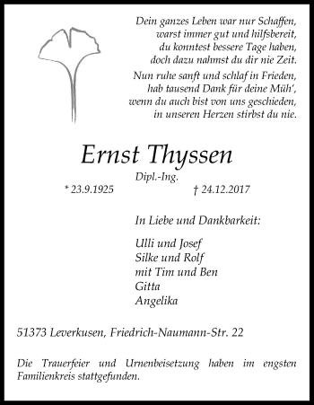 Anzeige von Ernst Thyssen von Kölner Stadt-Anzeiger / Kölnische Rundschau / Express
