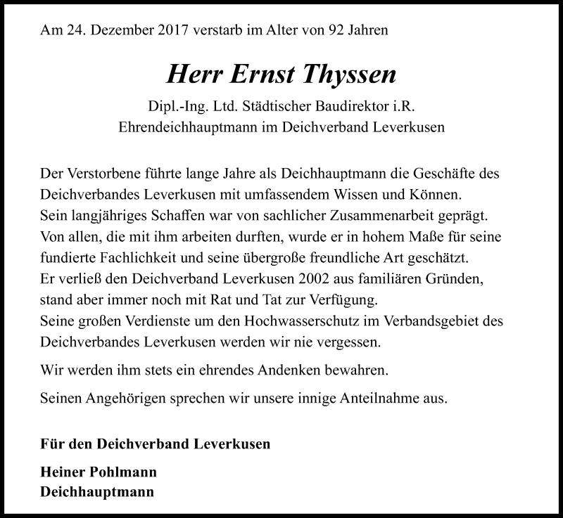  Traueranzeige für Ernst Thyssen vom 06.01.2018 aus Kölner Stadt-Anzeiger / Kölnische Rundschau / Express