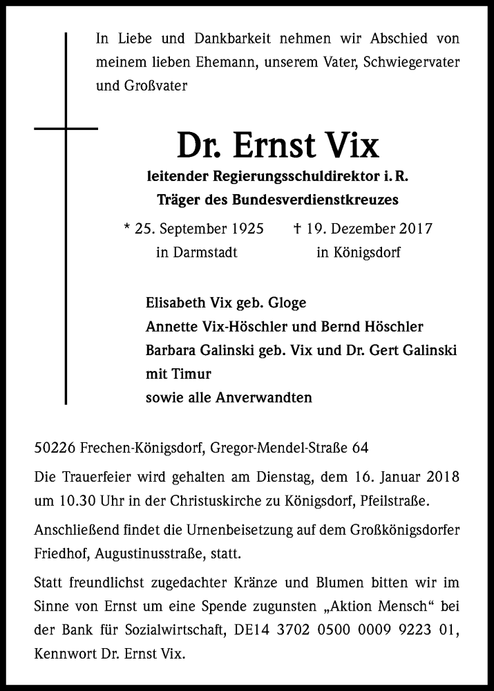  Traueranzeige für Ernst Vix vom 06.01.2018 aus Kölner Stadt-Anzeiger / Kölnische Rundschau / Express