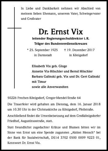 Anzeige von Ernst Vix von Kölner Stadt-Anzeiger / Kölnische Rundschau / Express