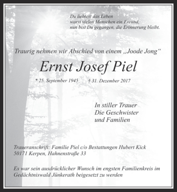 Anzeige von Ernst Josef Piel von  Werbepost 