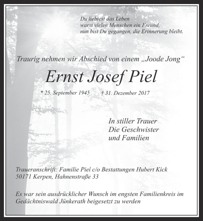  Traueranzeige für Ernst Josef Piel vom 10.01.2018 aus  Werbepost 