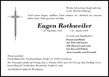 Anzeige von Eugen Rothweiler von Kölner Stadt-Anzeiger / Kölnische Rundschau / Express