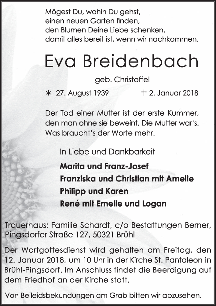  Traueranzeige für Eva Breidenbach vom 10.01.2018 aus  Schlossbote/Werbekurier 