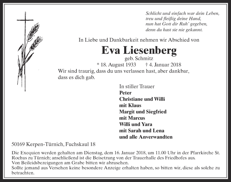  Traueranzeige für Eva Liesenberg vom 10.01.2018 aus  Werbepost 