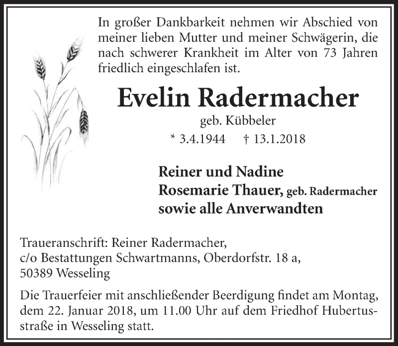  Traueranzeige für Evelin Radermacher vom 17.01.2018 aus  Schlossbote/Werbekurier 