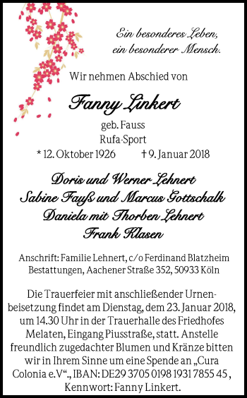 Anzeige von Fanny Linkert von Kölner Stadt-Anzeiger / Kölnische Rundschau / Express