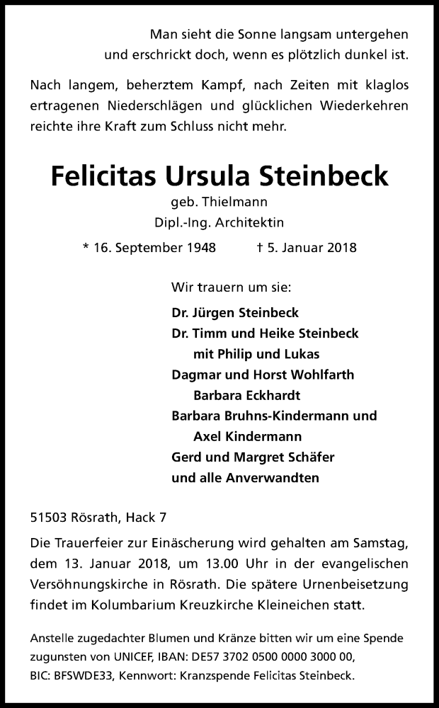  Traueranzeige für Felicitas Ursula Steinbeck vom 10.01.2018 aus Kölner Stadt-Anzeiger / Kölnische Rundschau / Express