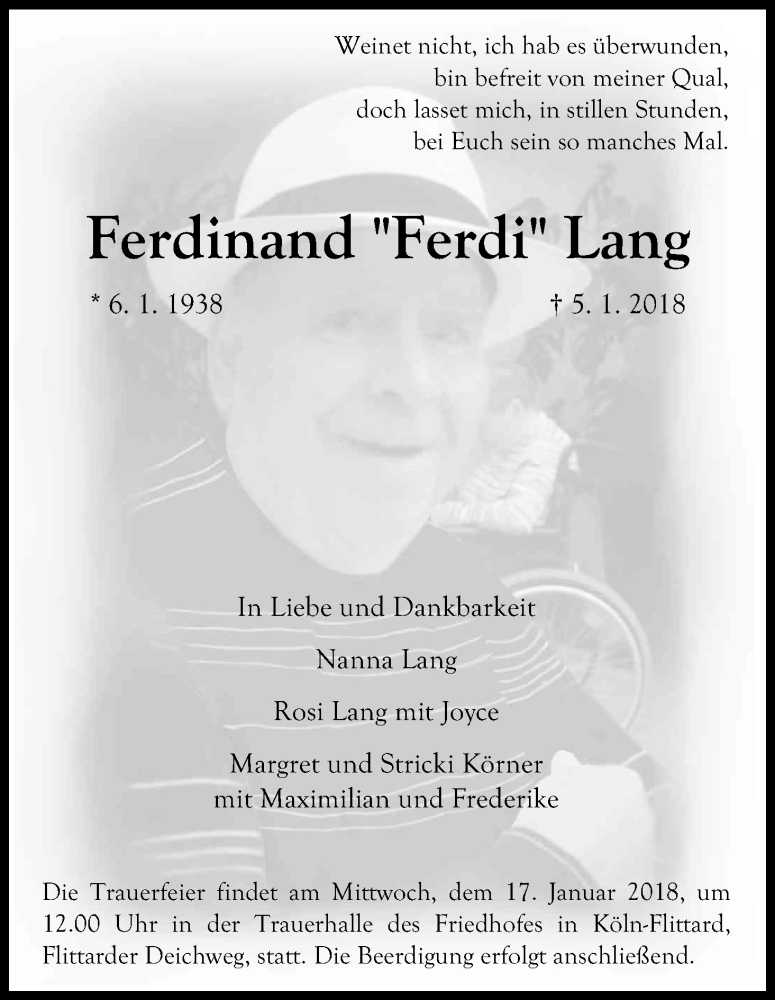  Traueranzeige für Ferdinand  Lang vom 10.01.2018 aus Kölner Stadt-Anzeiger / Kölnische Rundschau / Express