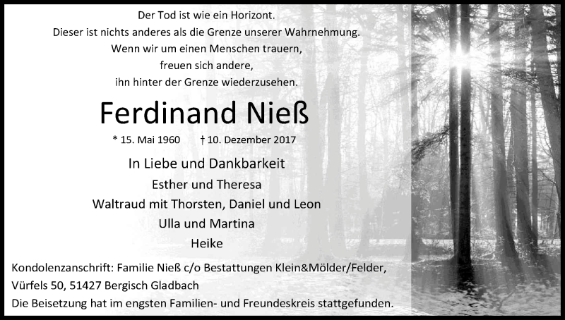  Traueranzeige für Ferdinand Nieß vom 20.01.2018 aus Kölner Stadt-Anzeiger / Kölnische Rundschau / Express