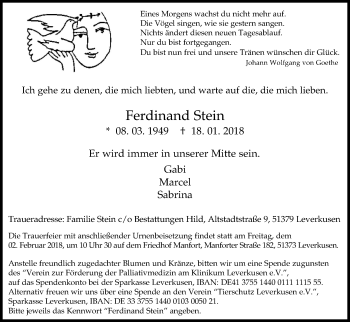 Anzeige von Ferdinand Stein von Kölner Stadt-Anzeiger / Kölnische Rundschau / Express