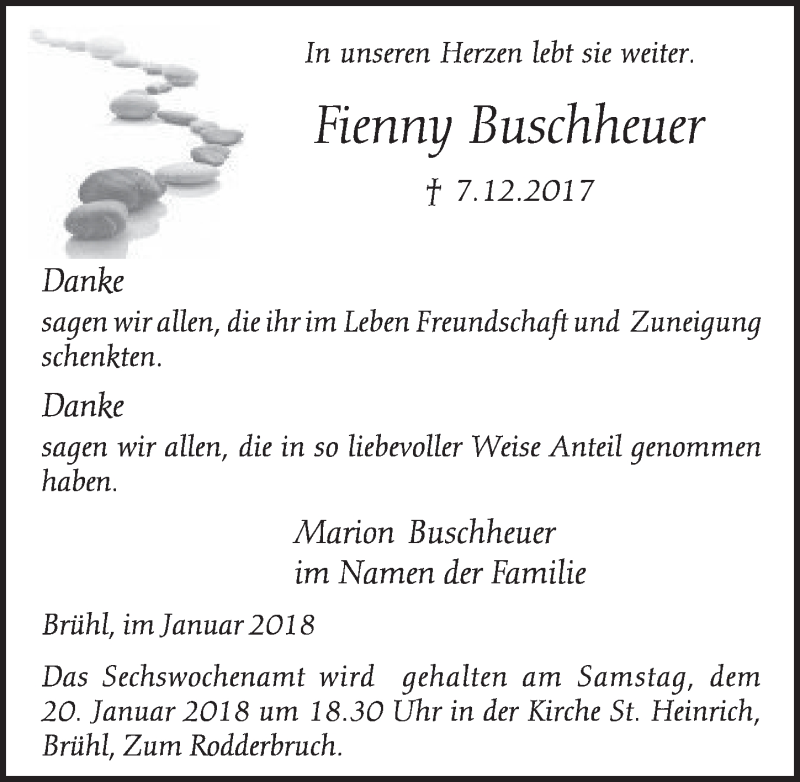  Traueranzeige für Fienny Buschheuer vom 10.01.2018 aus  Schlossbote/Werbekurier 