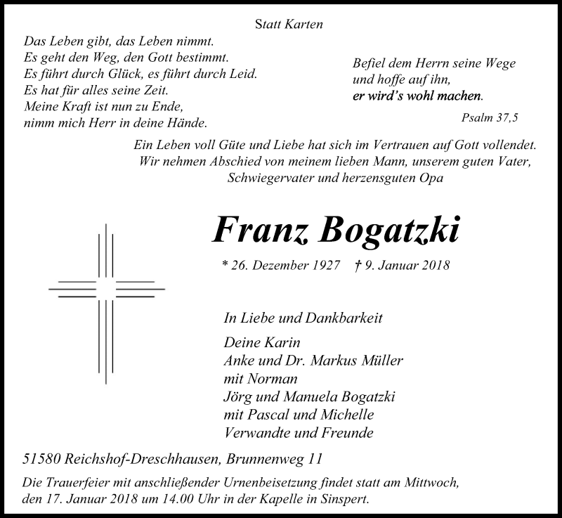  Traueranzeige für Franz Bogatzki vom 12.01.2018 aus Kölner Stadt-Anzeiger / Kölnische Rundschau / Express