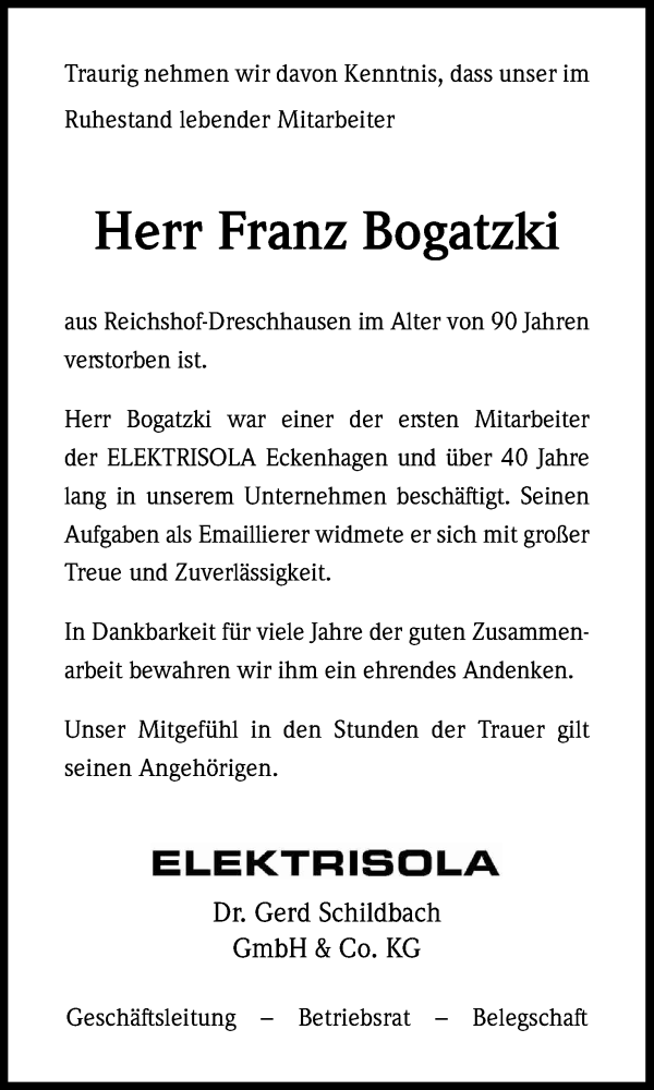  Traueranzeige für Franz Bogatzki vom 13.01.2018 aus Kölner Stadt-Anzeiger / Kölnische Rundschau / Express