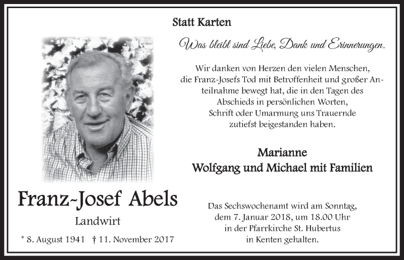  Traueranzeige für Franz-Josef Abels vom 03.01.2018 aus  Werbepost 