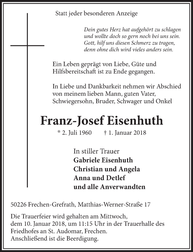  Traueranzeige für Franz-Josef Eisenhuth vom 06.01.2018 aus  Sonntags-Post 