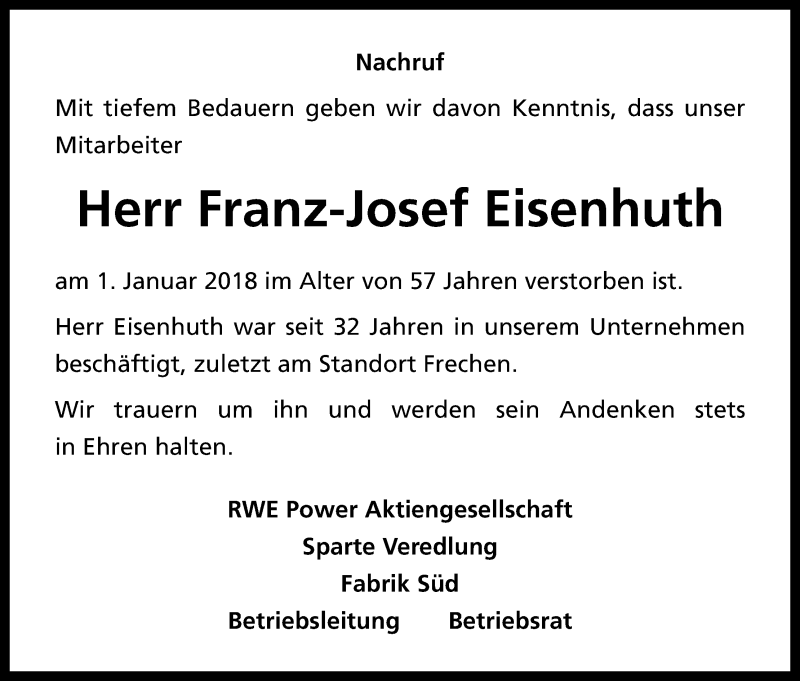  Traueranzeige für Franz-Josef Eisenhuth vom 10.01.2018 aus Kölner Stadt-Anzeiger / Kölnische Rundschau / Express