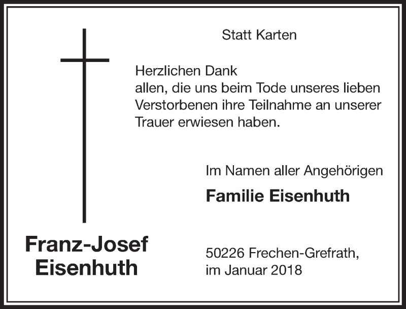  Traueranzeige für Franz-Josef Eisenhuth vom 20.01.2018 aus  Sonntags-Post 