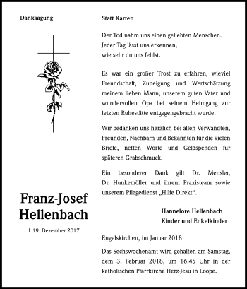 Anzeige von Franz-Josef Hellenbach von Kölner Stadt-Anzeiger / Kölnische Rundschau / Express