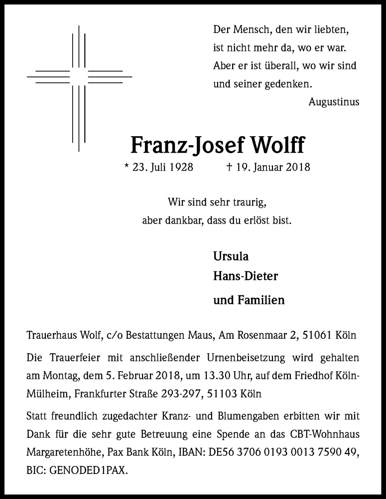  Traueranzeige für Franz-Josef Wolff vom 27.01.2018 aus Kölner Stadt-Anzeiger / Kölnische Rundschau / Express